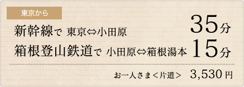東京から新幹線で 東京⇔小田原35分箱根登山鉄道で 小田原⇔箱根湯本15分お一人さま＜片道＞　3,530円