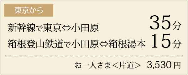 東京から 新幹線で東京⇔小田原35分 箱根登山鉄道で小田原⇔箱根湯本15分 お一人さま＜片道＞3,530円