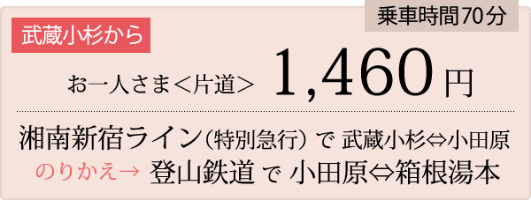 お一人さま＜片道＞1,460円 湘南新宿ライン（特別急行）で武蔵小杉⇔小田原のりかえ→登山鉄道で小田原⇔箱根湯本